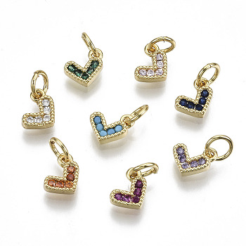 Brass Micro Pave Cubic Zirconia Charms, with Jump Ring, Heart, Real 16K Gold Plated, Nickel Free, Mixed Color, 8x8x2mm, Jump Ring: 5x1mm, 3mm inner diameter