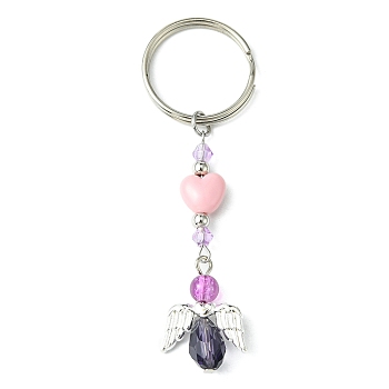 Glass & Acrylic Pendant Keychain, with Iron Split Key Rings, Heart & Angel, Medium Orchid, 8.1~8.2cm