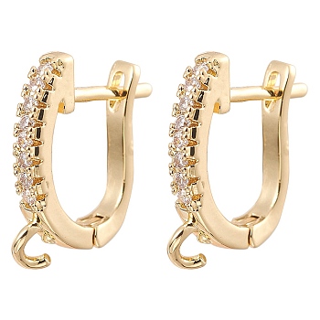 Brass Micro Pave Clear Cubic Zirconia Hoop Earring Findings, Latch Back with Horizontal Loops, Real 18K Gold Plated, 14.5x12.5x2.5mm, Hole: 1.8mm, Pin: 1mm