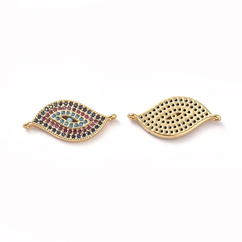 Brass Micro Pave Cubic Zirconia Links connectors, Leaf, Colorful, Golden, 10x21.5x2mm, Hole: 0.8mm