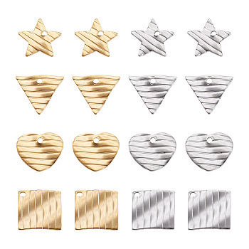 Craftdady 64Pcs 4 Style, 2 Colors 304 Stainless Steel Charms & Pendants, Twist Heart & Rhombus & Triangle & Star with Stripe, Golden & Stainless Steel Color, 12~16x12~16x1~1.5mm, Hole: 1.4mm, 8pcs/color