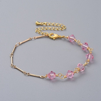 Bicone Austrian Crystal Beaded Bracelets, with Real 18K Gold Plated Brass Bar Link Chains, Brass Chain Extender and Lobster Claw Clasps, Hot Pink, 7-1/4 inch(18.5cm)