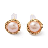 Natural Pearl Flat Round Stud Earrings, Brass Earrings with 925 Sterling Silver Pins, Real 14K Gold Plated, 10.5x11mm(EJEW-P256-67G)