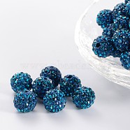 Pave Disco Ball Beads, Polymer Clay Rhinestone Beads, Round, Blue Zircon, PP13(1.9~2mm), 6 Rows Rhinestone, 10mm, Hole: 1.5mm(RB-A130-10mm-21)