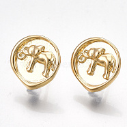 Brass Stud Earring Findings, with Loop, Nickel Free, Real 18K Gold Plated, Flat Round with Elephant, 14x13.5mm, Hole: 2mm, Pin: 0.8mm(X-KK-T038-460G)