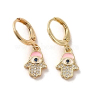 Hamsa Hand with Evil Eye Real 18K Gold Plated Brass Dangle Leverback Earrings, with Enamel and Cubic Zirconia, Pink, 25.5x9mm(EJEW-Q797-04A-01G)