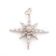 Brass Micro Pave Cubic Zirconia Charms, with ABS Plastic Imitation Pearl and Jump Ring, Eight Pointed Star, Clear, Real Platinum Plated, 20.5x18x3.5mm, Hole: 2.5mm(ZIRC-G169-06P)