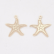 Brass Charms, Etched Metal Embellishments, Long-Lasting Plated, Starfish/Sea Stars, Light Gold, 14x13x0.3mm, Hole: 1mm(X-KKC-S001-024KC)
