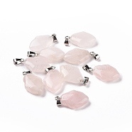 Natural Rose Quartz Pendants, Hamsa Hand Charms, with Platinum Plated Alloy Snap on Bails, 24~24.5x15x7mm, Hole: 5.5x3mm(G-B041-03P-12)