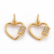 Brass Clear Cubic Zirconia Charms, Nickel Free, with Jump Rings, Heart, Real 18K Gold Plated, 11x11.5x3mm, Hole: 3mm, Jump Rings: 5x1mm, 3mm inner diameter(KK-N233-108-NF)