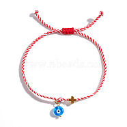 Cross Brass & Red White Cord Braided Bead Bracelets, Evil Eye Charm Bracelets for Women Men(ND5142)