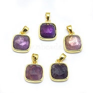 Natural Amethyst Pendants, with Golden Tone Brass Findings, Square, Faceted, 13x11x5mm, Hole: 3.5x5.5mm(G-O176K-03G)