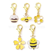 Golden Tone Alloy Enamel Pendant Decoration, with Alloy Clasp, Bees & Honeycomb, Mixed Color, 32.5~40.5mm(HJEW-JM01452)