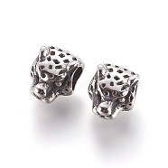 304 Stainless Steel European Beads, Large Hole Beads, Leopard Head, Antique Silver, 14x10.7x9mm, Hole: 5mm(STAS-P237-43AS)
