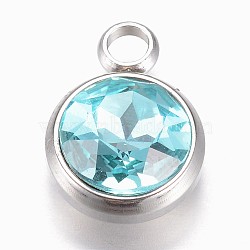 Glass Charms, Faceted, with 304 Stainless Steel Findings, Flat Round, Aquamarine, 14x10x6.5mm, Hole: 2.5mm(GLAA-G019-P06)