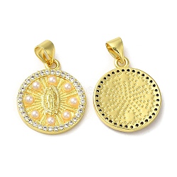 Rack Plating Brass Cubic Zirconia Pendants, with Plastic Imitation Pearl, Real 18K Gold Plated, Long-Lasting Plated, Round, Clear, 19x16x2.5mm, Hole: 5.8x2mm(KK-Q771-02G)