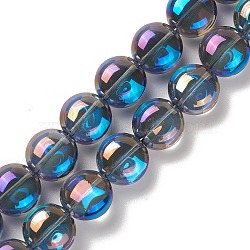 Transparent Electroplate Glass Bead Strands, Rainbow Plated, Flat Round, Dodger Blue, 12x8mm, Hole: 1.2mm, about 50pcs/strand, 24.41''(62cm)(EGLA-P049-01A-FR02)