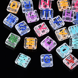 Transparent Acrylic Multi-Strand Links, for Tile Elastic Bracelets Making, Square with Letter, Mixed Letter, Mixed Color, 8x8x4mm, Hole: 1.5mm, about 1398pcs/368g(MACR-N008-39)