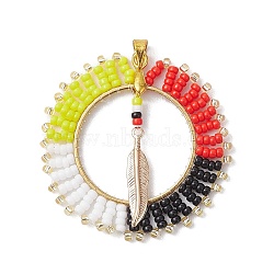 Bohemia Style Handmade Glass Seed Beads Pendants, Flat Round with Feather, Golden, 40x39x2mm, Hole: 4x3.5mm(PALLOY-MZ00212)