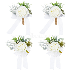4Pcs Cloth & Plastic Imitation Flower Wrist Corsage & Boutonniere Sets, for Bride or Bridesmaid, Wedding, Party Decorations, White, 115x90x57mm(AJEW-PH0008-28)