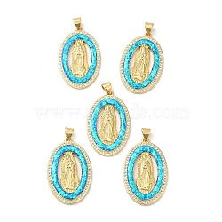 Rack Plating Brass Micro Pave Cubic Zirconia with Synthetic Opal Pendants, with Jump Ring, Lead Free & Cadmium Free, Long-Lasting Plated, Oval with Saint, Real 18K Gold Plated, 32.5x20.5x2.3mm, Hole: 5x3.5mm(KK-D088-22G)