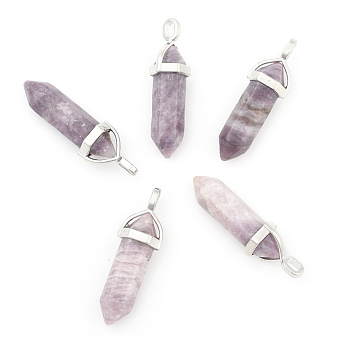 Natural Charoite Double Terminated Pointed Pendants, with Random Alloy Pendant Hexagon Bead Cap Bails, Bullet, Platinum, 37~40x12mm, Hole: 3mm