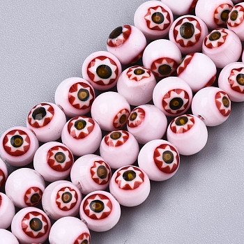 Round Millefiori Glass Beads Strands, White, 6mm, Hole: 1mm, about 67pcs/strand, 14.7 inch