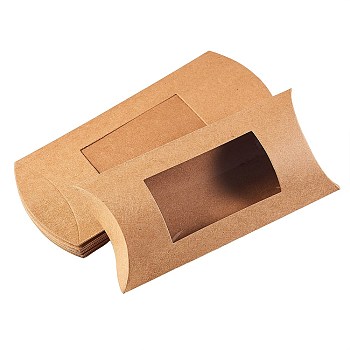 Kraft Paper Pillow Candy Box, for Wedding Favors Baby Shower Birthday Party Supplies, with Clear Window, Sandy Brown, 16x7.8x2.5cm, Unfold: 18.5x7.8x0.15cm