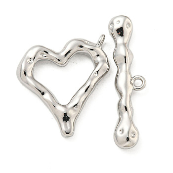 Brass Toggle Clasps, Heart, Platinum, Heart: 21x20x3.5mm, Hole: 1.6mm, Bar: 30x7.5x4mm, Hole: 1.6mm