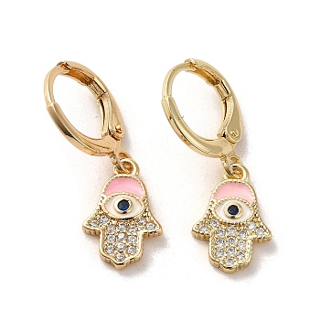 Hamsa Hand with Evil Eye Real 18K Gold Plated Brass Dangle Leverback Earrings, with Enamel and Cubic Zirconia, Pink, 25.5x9mm