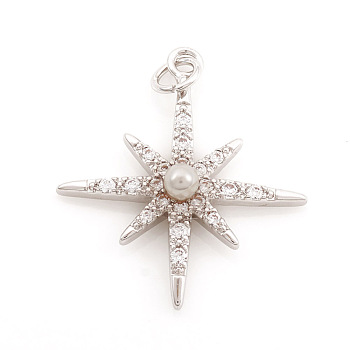 Brass Micro Pave Cubic Zirconia Charms, with ABS Plastic Imitation Pearl and Jump Ring, Eight Pointed Star, Clear, Real Platinum Plated, 20.5x18x3.5mm, Hole: 2.5mm