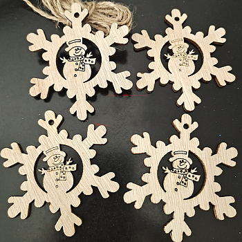 Unfinished Wood Pendant Decorations, Kids Painting Supplies,, Wall Decorations, Christmas Themed, with Jute Rope, Snowflake with Snowman, BurlyWood, 70mm, 10pcs/bag