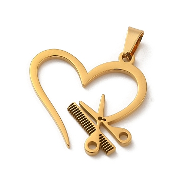 304 Stainless Steel Pendants, Laser Cut, Heart with Scissors & Comb Charm, Real 18K Gold Plated, 23x23.5x1.5mm, Hole: 6x3mm