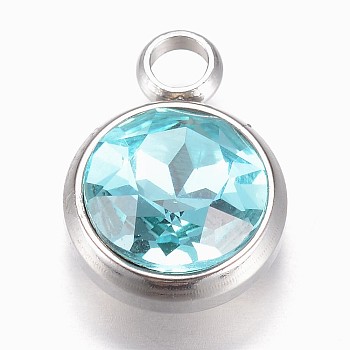 Glass Charms, Faceted, with 304 Stainless Steel Findings, Flat Round, Aquamarine, 14x10x6.5mm, Hole: 2.5mm