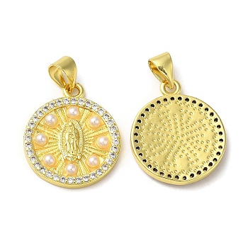 Rack Plating Brass Cubic Zirconia Pendants, with Plastic Imitation Pearl, Real 18K Gold Plated, Long-Lasting Plated, Round, Clear, 19x16x2.5mm, Hole: 5.8x2mm