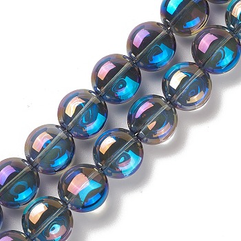 Transparent Electroplate Glass Bead Strands, Rainbow Plated, Flat Round, Dodger Blue, 12x8mm, Hole: 1.2mm, about 50pcs/strand, 24.41''(62cm)