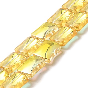 Transparent Electroplate Glass Beads Strands, Half Rainbow Plated, Bamboo Joint, Yellow, 12x10x5.5mm, Hole: 1mm, about 49pcs/strand, 24.02''(61cm)