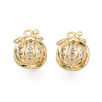 Brass Micro Pave Cubic Zirconia Charms, Real 18K Gold Plated, Pomegranate, Clear, 11.5x10x8.5mm, Hole: 1.2mm