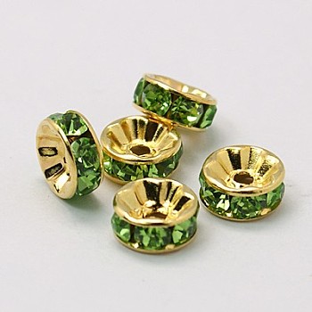 Brass Grade A Rhinestone Spacer Beads, Golden Plated, Rondelle, Nickel Free, Peridot, 6x3mm, Hole: 1mm