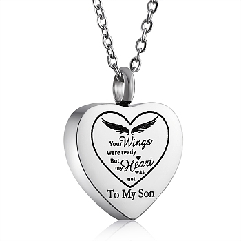 Stainless Steel Heart Urn Ashes Pendant Necklace, Word To My Son Memorial Jewelry for Men Women, Stainless Steel Color, 19.69 inch(50cm)