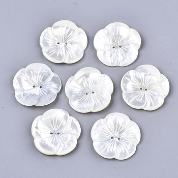 2-Hole White Shell Mother of Pearl Shell Buttons, Flower, Seashell Color, 27x27.5x4mm, Hole: 1.4mm