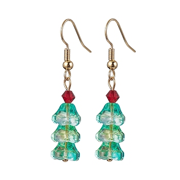 Glass Dangle Earrings, Golden Brass Jewelry for Women, Christmas Tree, Spring Green, 42x9mm