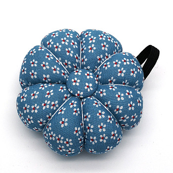 Flower Pattern Wrist Strap Pin Cushions, Pumpkin Shape Sewing Pin Cushions, for Cross Stitch Sewing Accessories, Steel Blue, 90mm