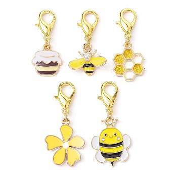 Golden Tone Alloy Enamel Pendant Decoration, with Alloy Clasp, Bees & Honeycomb, Mixed Color, 32.5~40.5mm