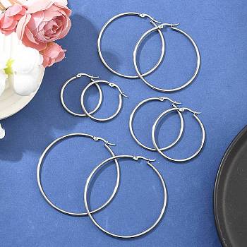 Non-Tarnish 304 Stainless Steel Hoop Earrings for Women, Ring Shape, Mixed Size, Stainless Steel Color, 31~59x29~61x2mm, 12 Gauge, Pin: 1x0.8mm/0.7x1mm, 4pairs/set