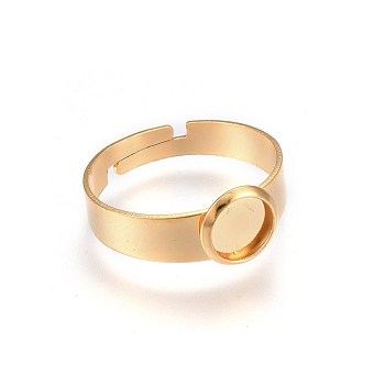 Adjustable 201 Stainless Steel Finger Rings Components, Pad Ring Base Findings, Flat Round, Golden, Size 7, 17~18mm, Tray: 6mm