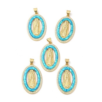 Rack Plating Brass Micro Pave Cubic Zirconia with Synthetic Opal Pendants, with Jump Ring, Lead Free & Cadmium Free, Long-Lasting Plated, Oval with Saint, Real 18K Gold Plated, 32.5x20.5x2.3mm, Hole: 5x3.5mm