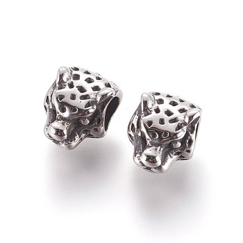 304 Stainless Steel European Beads, Large Hole Beads, Leopard Head, Antique Silver, 14x10.7x9mm, Hole: 5mm