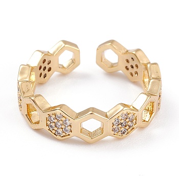 Brass Clear Cubic Zirconia Cuff Rings, Open Rings, Long-Lasting Plated, Polygon, Real 18K Gold Plated, 5mm, Inner Diameter: 16.5mm