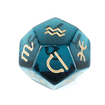 Glass Classical 12-Sided Polyhedral Dice, Engrave Twelve Constellations Divination Game Toy, Dark Cyan, 20x20mm